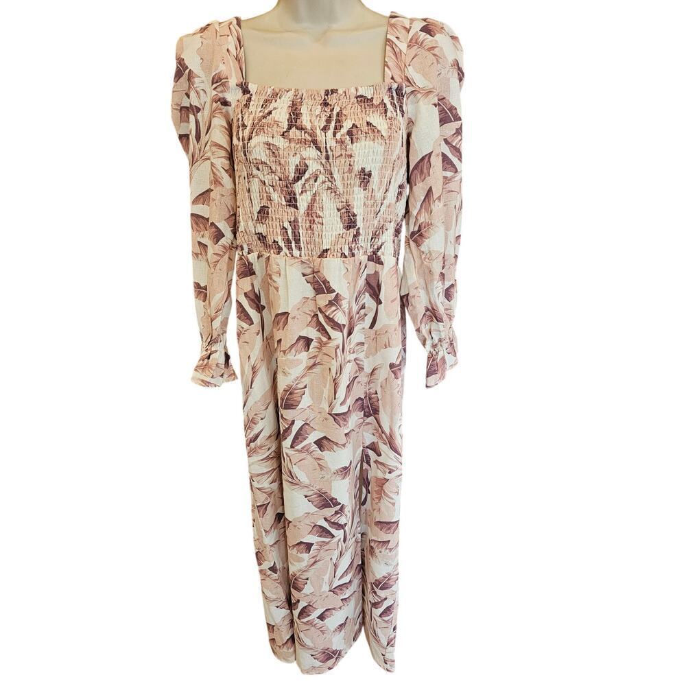 House of Harlow M Palm Leaf Linen Blend Smocked Maxi slit dress long sleeve  EUC